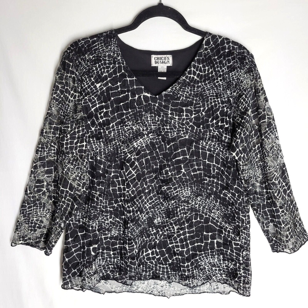 Chico's Women's Pullover Shirt 3/4 Sleeve Size 2 (L) Black White Lace Lined